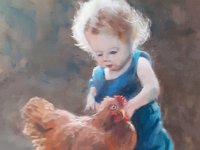 Enfant et poule Pastel sur papier, 30cmx40cm Disponible à la vente
