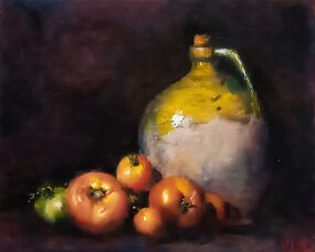 L' eau de la fontainetomates et pichet huile sur toile , 25 x 30 cm Vendu