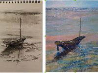 Barque à Banastère Un croquis fait sur place et le tableau réalisé à l'huile sur toile d'après ce croquis.
